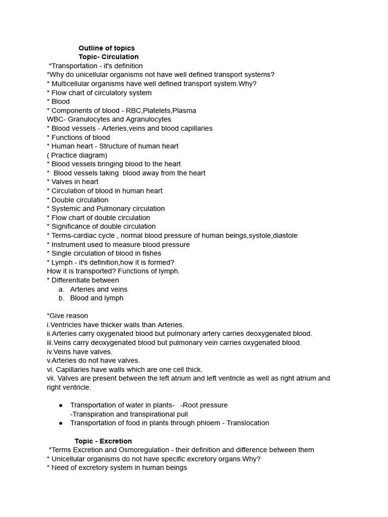 Outline of Topics - Circulation and Excretion | PDF | Social Science