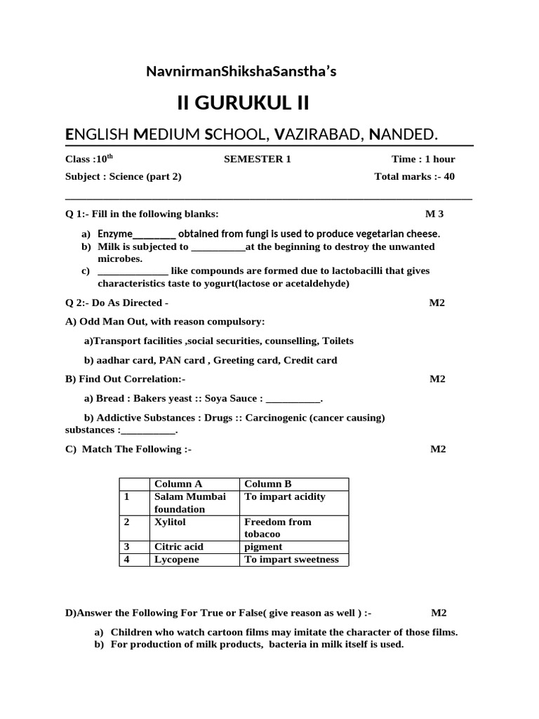Class 10 Science Exam: Semester 1 Guide | PDF