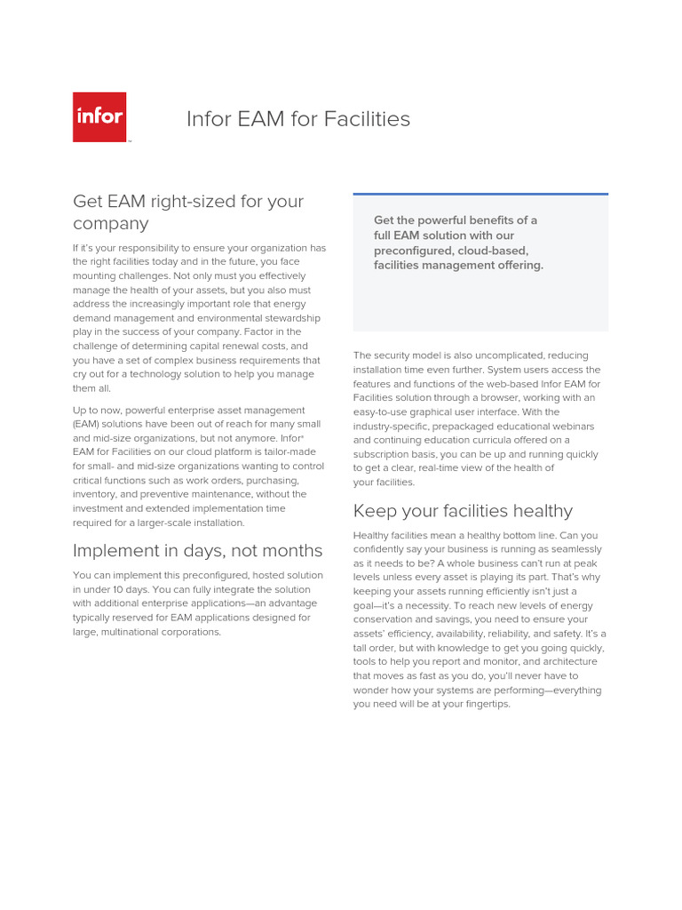 Infor2013 EAM For Facilities Brochure English | PDF | Inventory | Cloud ...