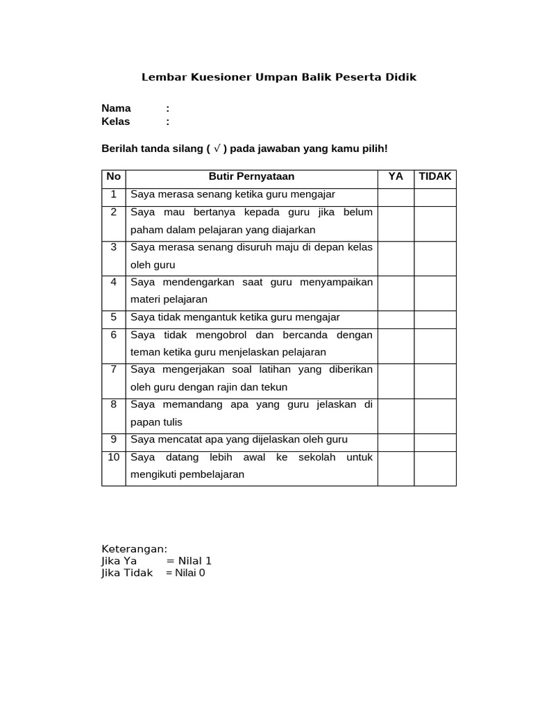 Lembar Kuesioner Peserta Didik | PDF