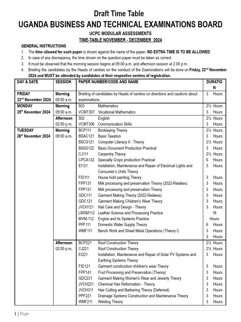 UCPC Modular Exam Timetable 2024 | PDF