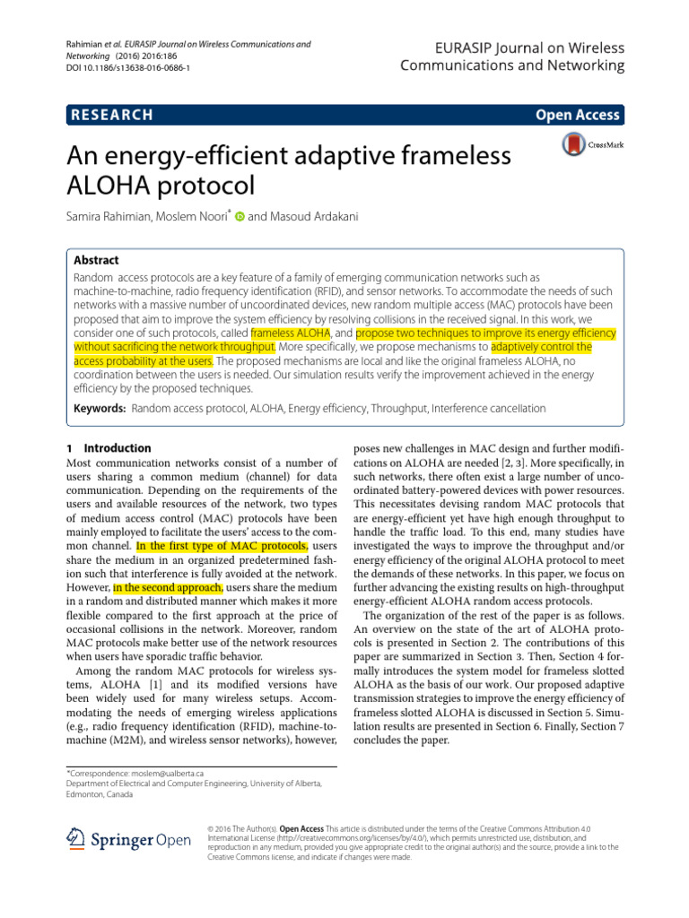 Energy-Efficient Frameless ALOHA Protocol | PDF | Computer Network ...