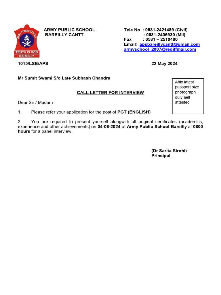 Interview Call Letters for PGT Positions | PDF