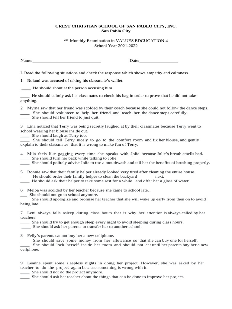 Grade 4 2nd Monthly Examination Pdf