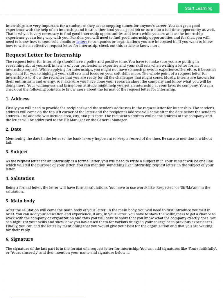 Internship Request Letter - How To Write Perfect Letter | PDF