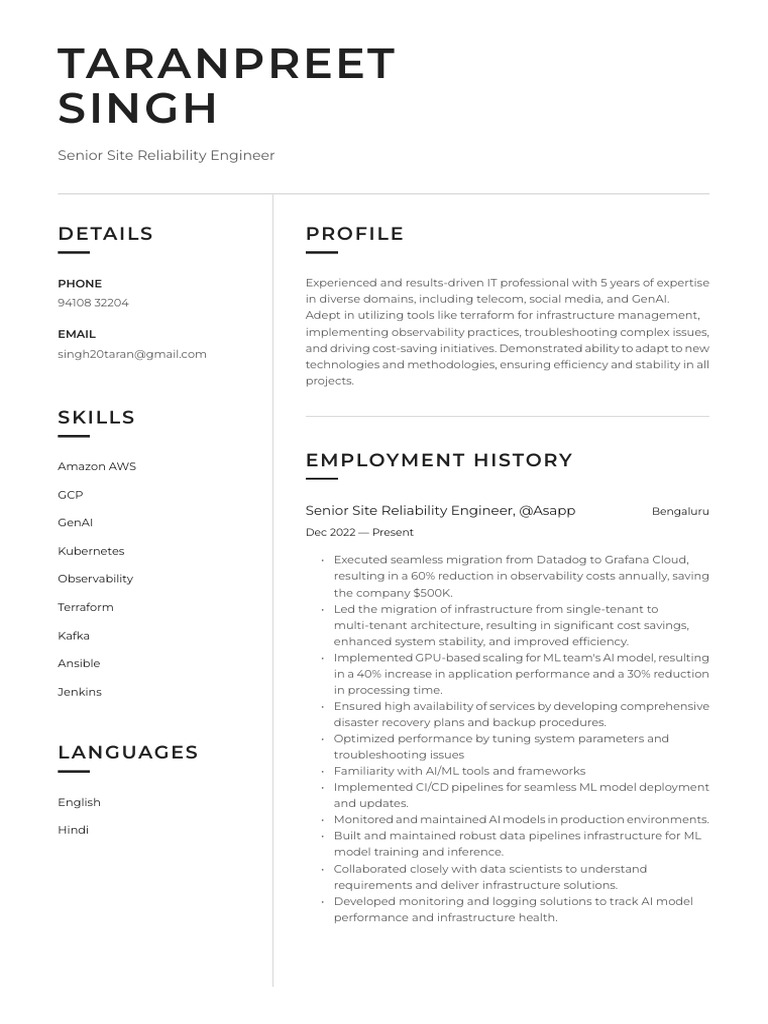 Senior Site Reliability Engineer Profile | PDF | Artificial ...