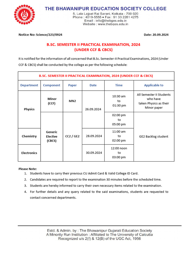 B.Sc. Semester II Practical Exam Schedule | PDF