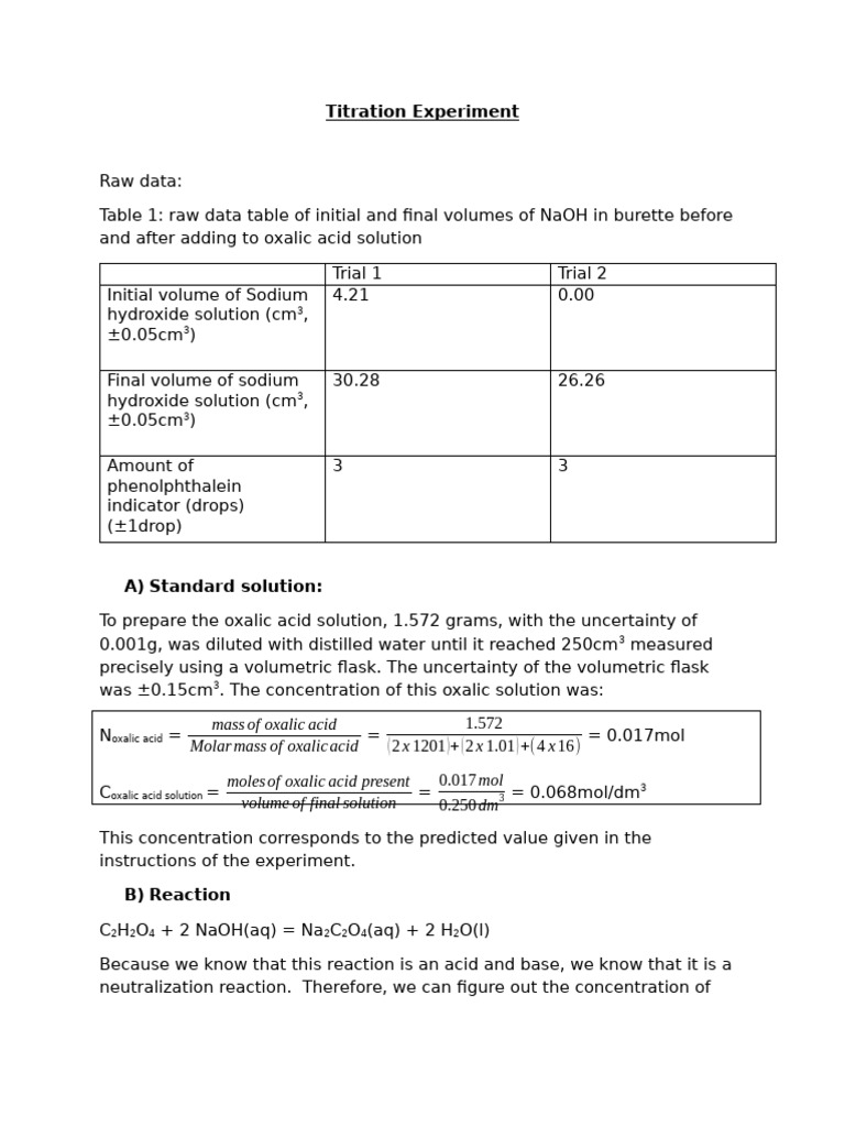 Titration Experiment sodium hydroxide + oxalic acid PDF Titration