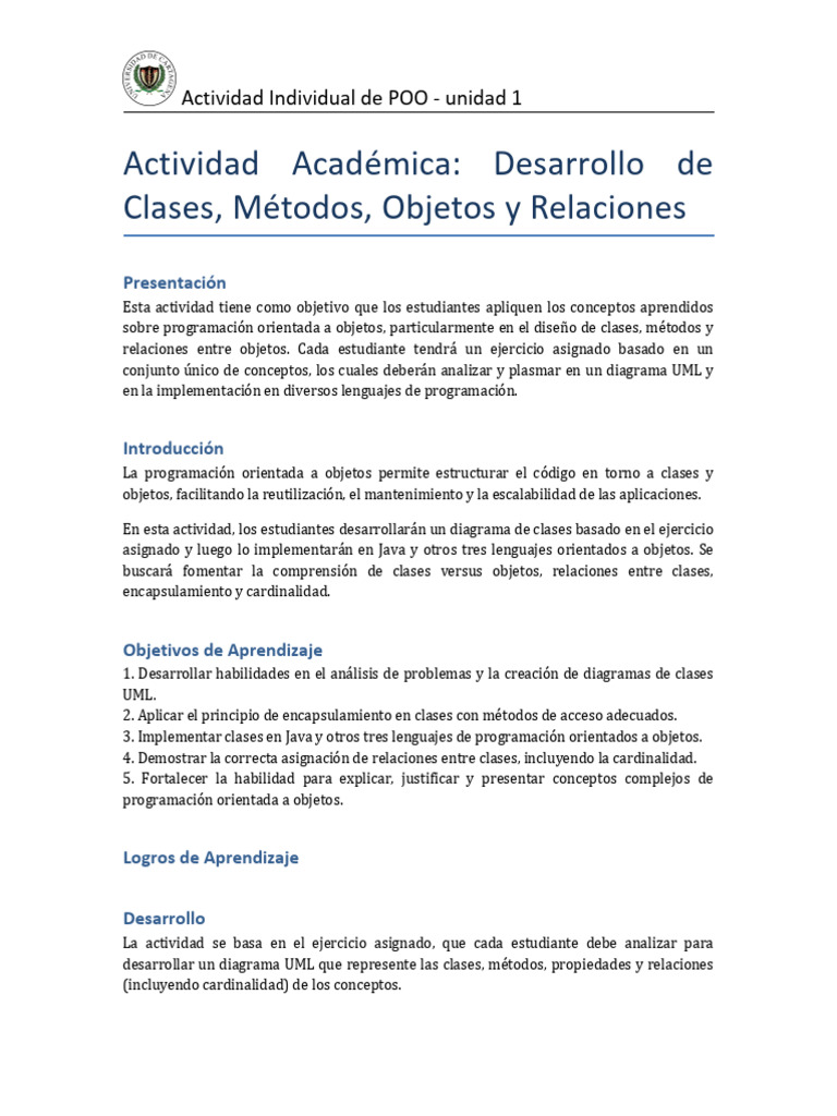Actividad POO: Clases y UML en Java | PDF | Programación orientada a ...