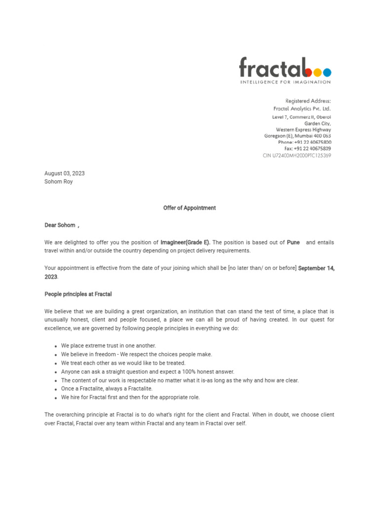 India+ +fractal+ +Imagineer+Offer+Letter+2023!08!03 | PDF | Trade ...