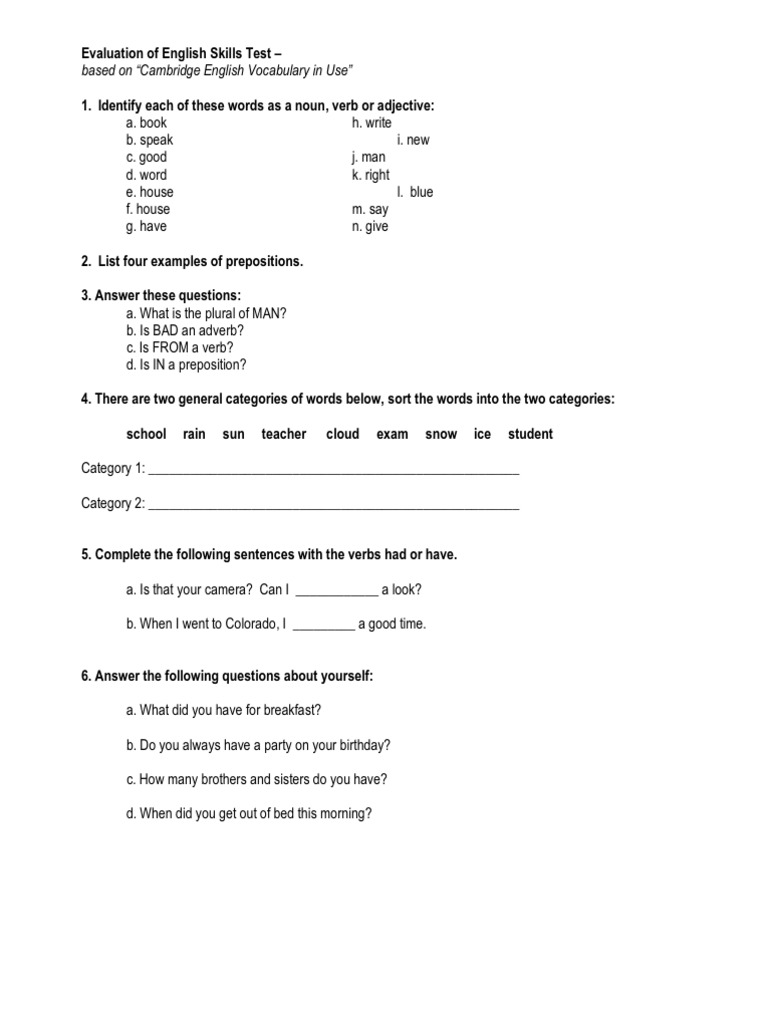 Evaluation of English Skills Test PDF English Language Verb