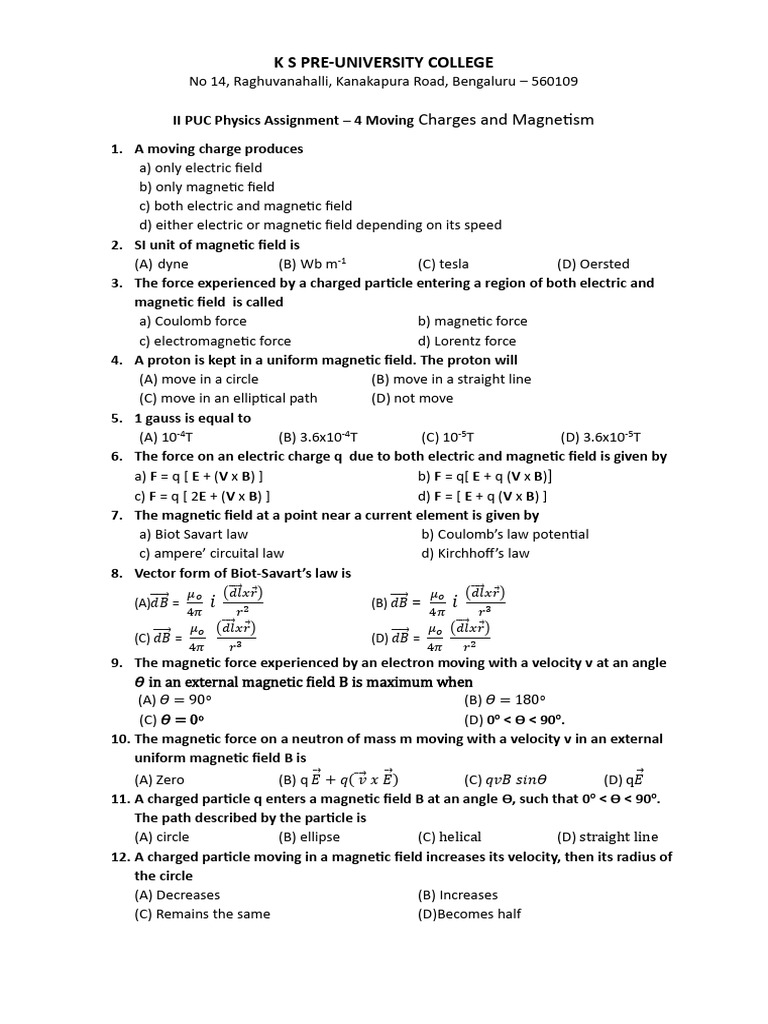Kspuc Physics Assignment 4 - Moving Charges and Magnetism | PDF ...
