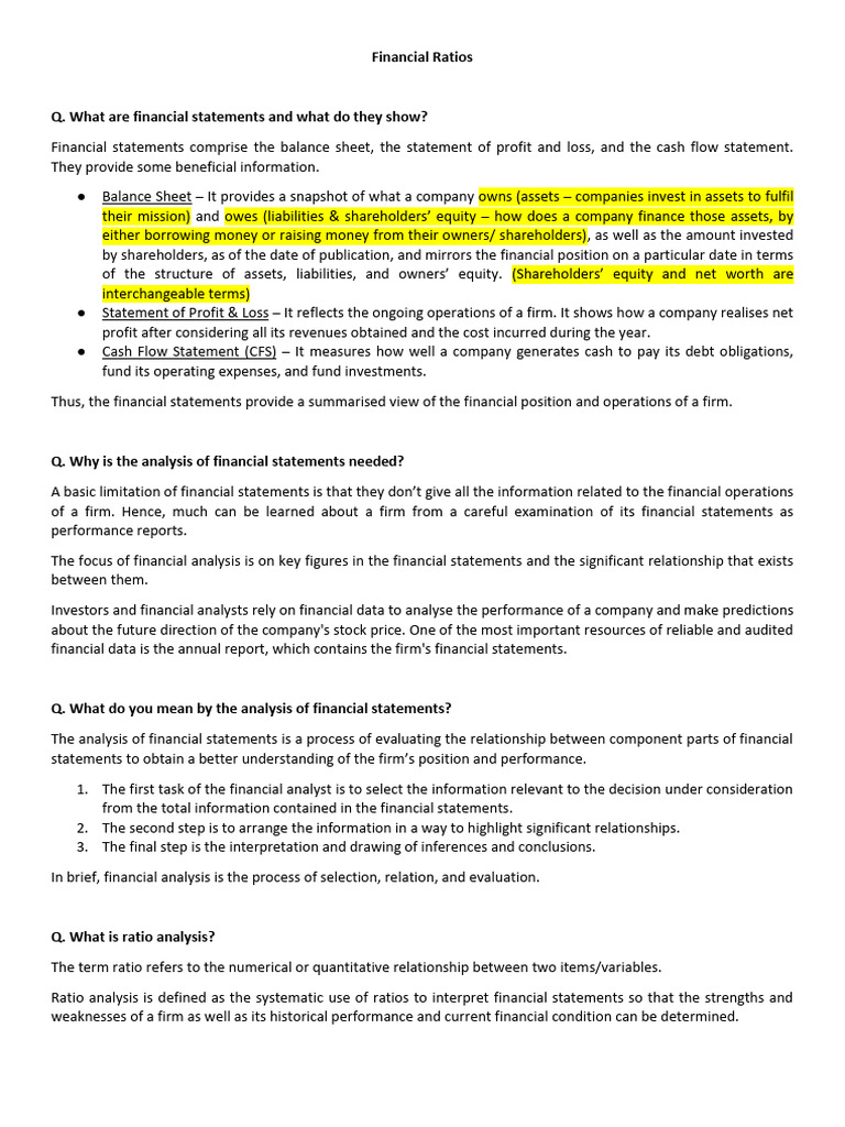 Financial Ratios | PDF | Working Capital | Equity (Finance)