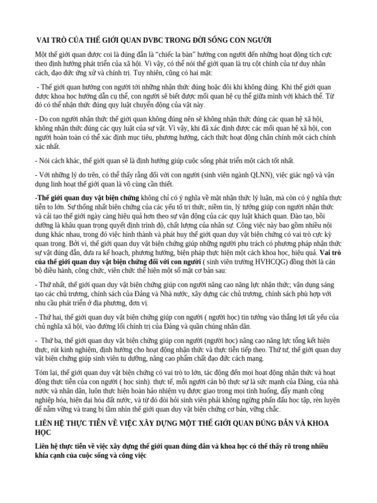Vai Trò Của Thế Giới Quan Dvbc Trong Đời Sống Con Người | PDF