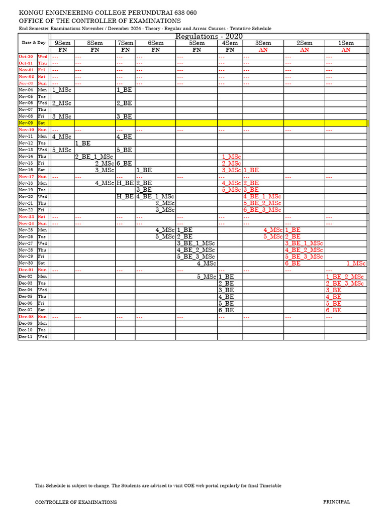 November 2024 Theory Regular Arrear Tentative Schedule R 2020 | PDF