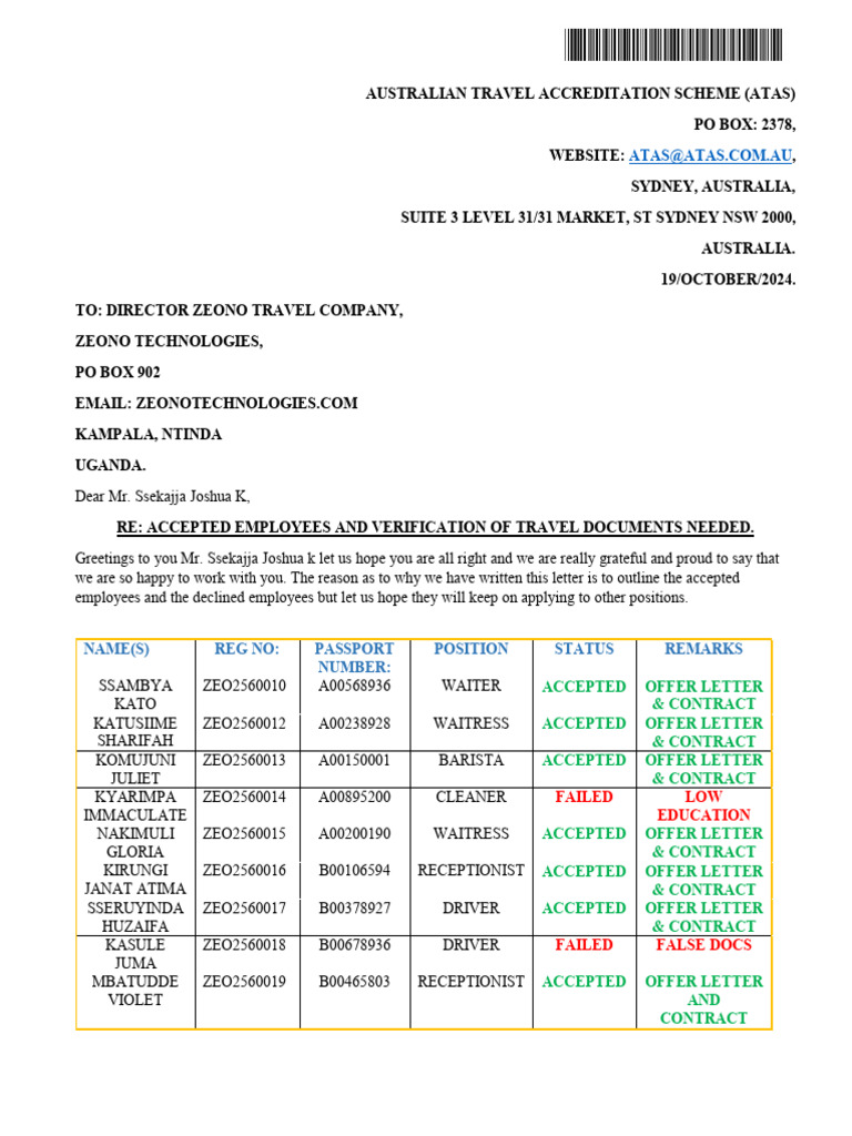ATAS Employee Acceptance Notification | PDF | Travel Visa