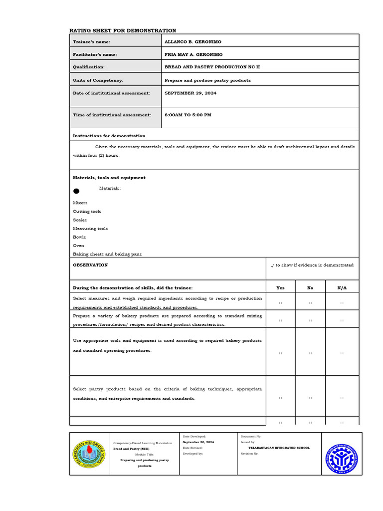 Demonstration technical drafting ncii core 1 pdf baking bakery