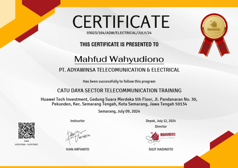Telecom Training Certificate - Mahfud Wahyudiono | PDF