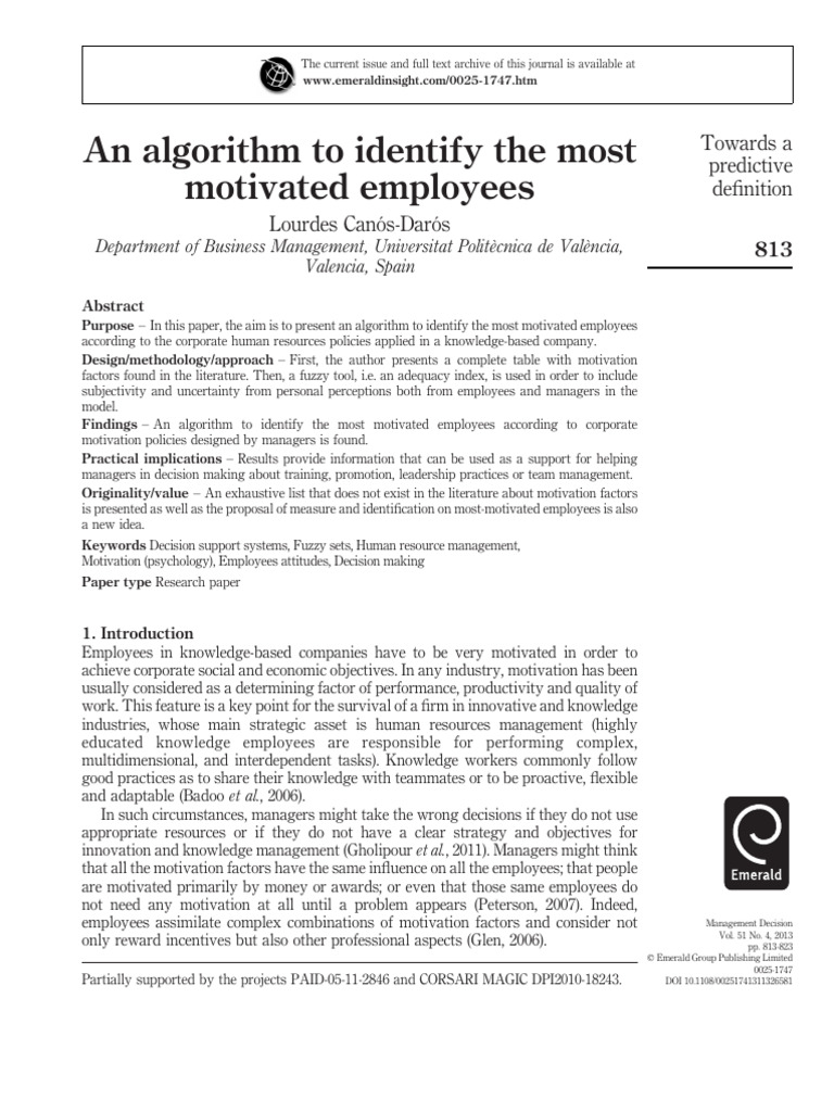 Algorithm for Identifying Motivated Employees | PDF | Motivation ...