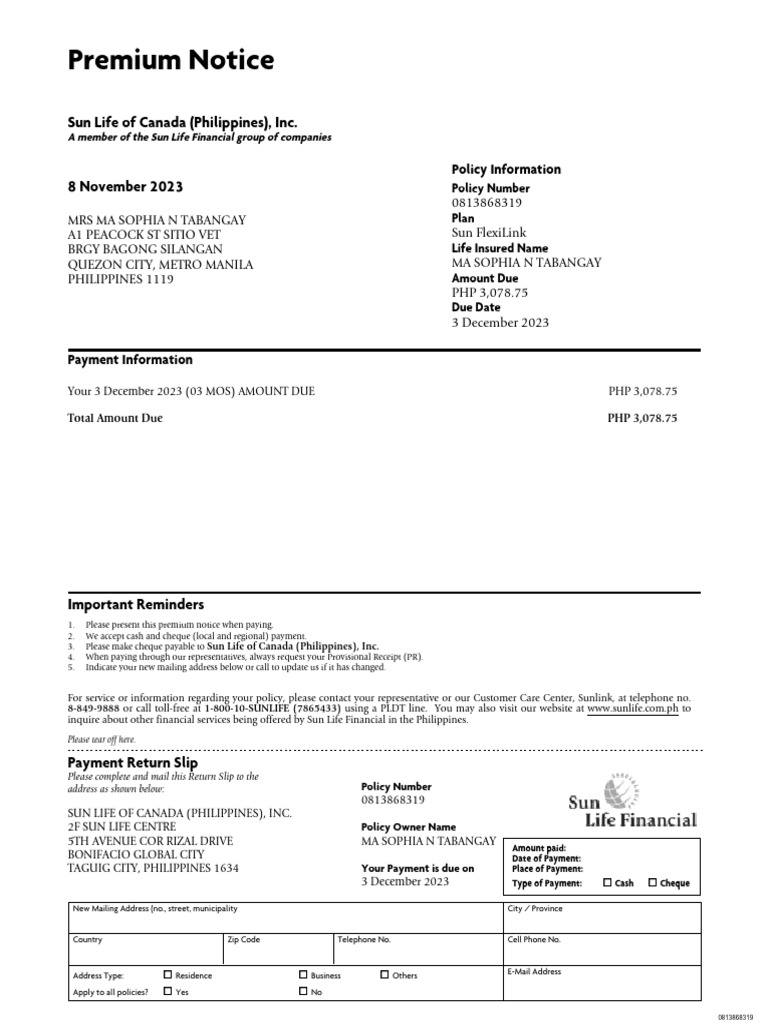 Sun Life Premium Notice: Policy 0813868319 | PDF | Cheque | Service ...