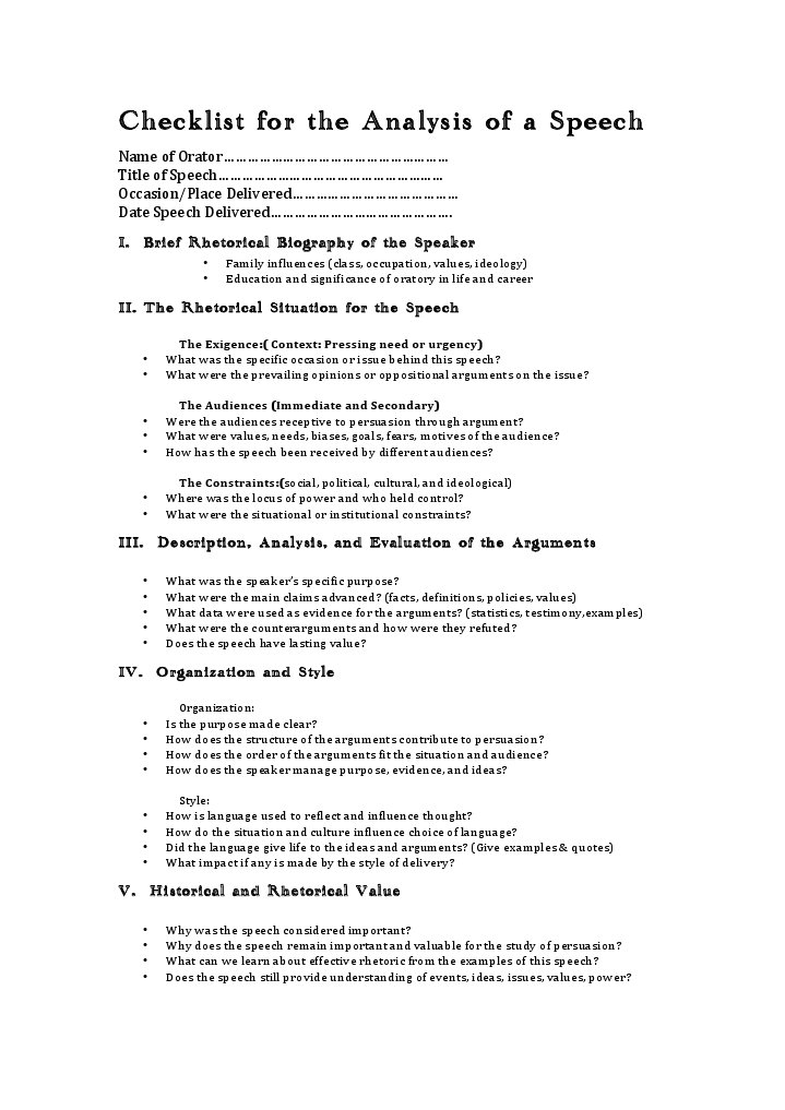 checklist for the analysis of a speech Public Speaking Rhetoric