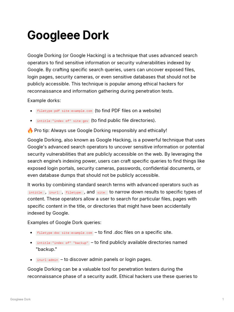 Google Dorking: Ethical Hacking Guide | PDF | Security | Computer Security