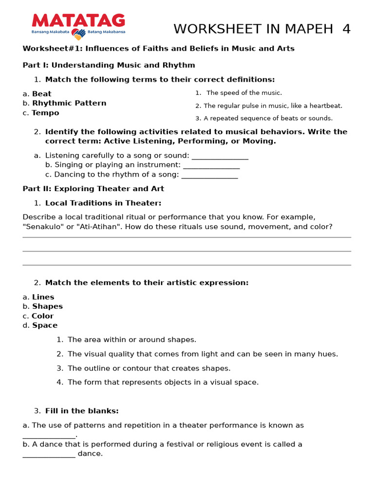 MAPEH Grade 4: Rhythmic Patterns Worksheet | PDF | Rhythm | Dances
