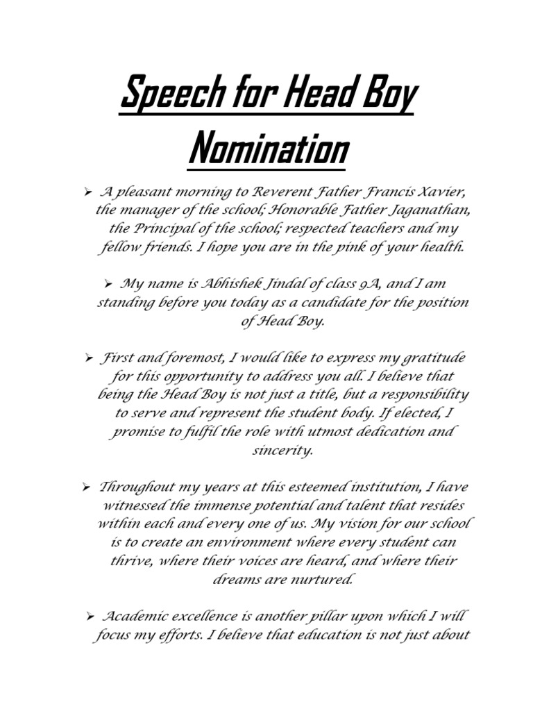 Head Boy Nomination Speech PDF Wellness