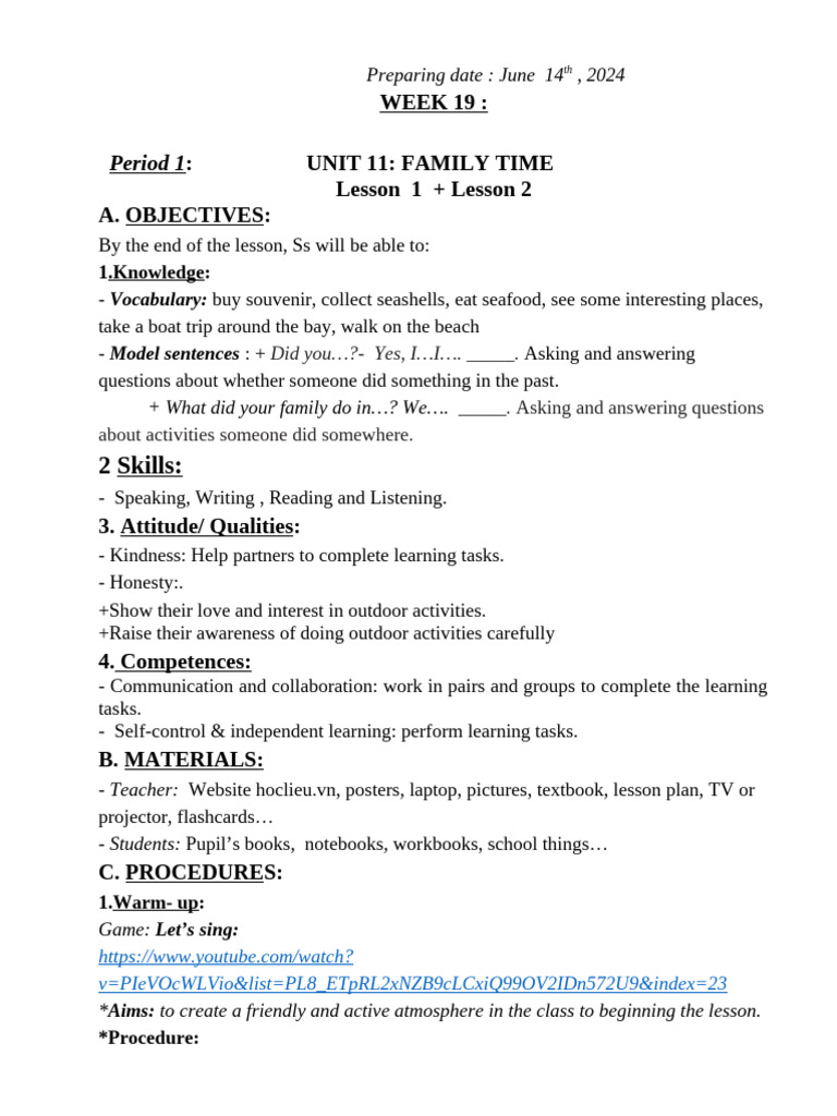 Family Activities Lesson Plan | PDF | Vocabulary | Learning