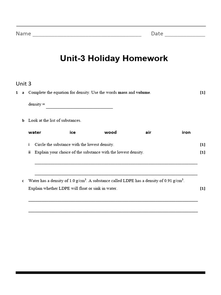 Unit 3 Science Homework Assignment | PDF | Density | Matter