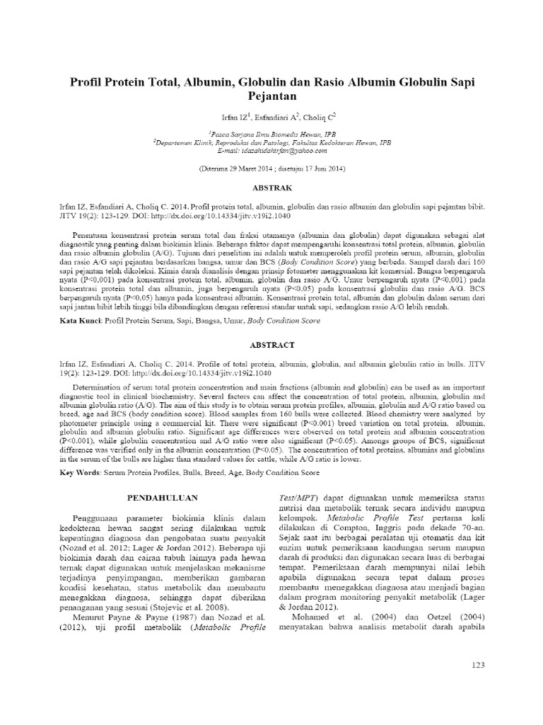 Profile of total protein albumin globulin and albumin globulin ratio