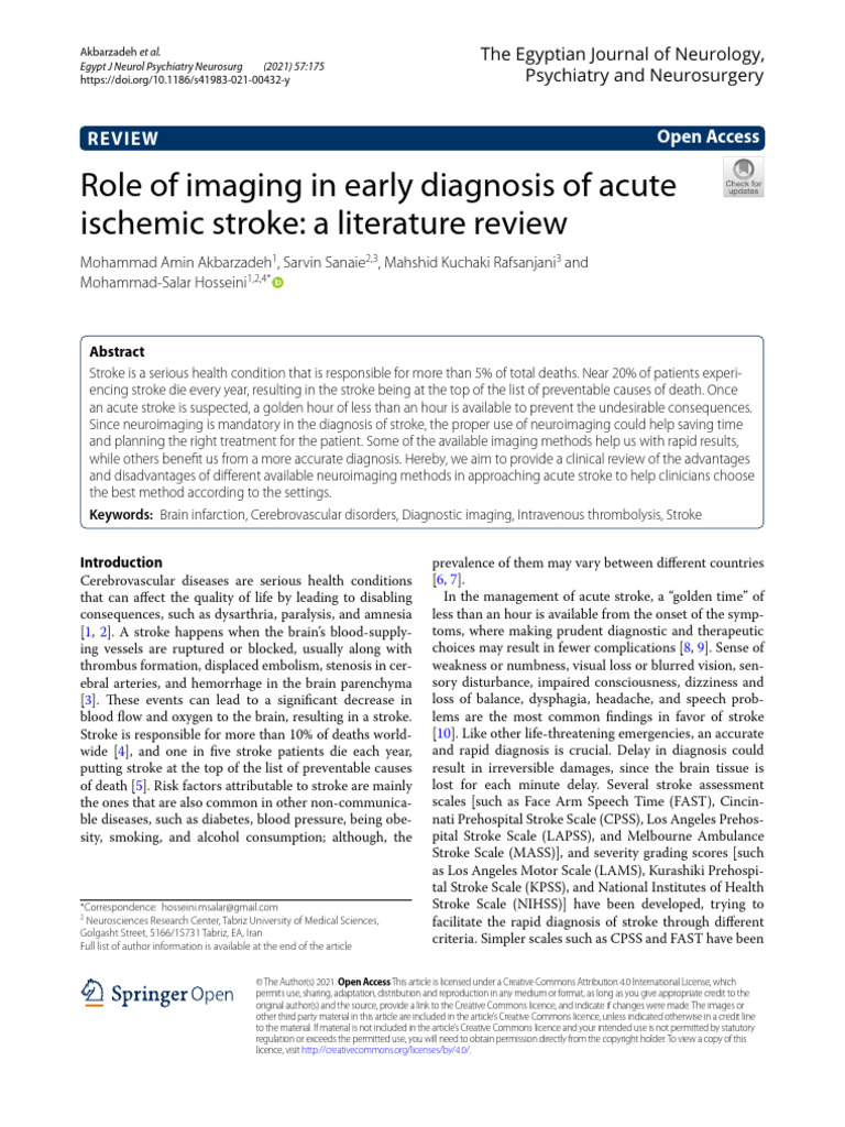 Role of Imaging in Early Diagnosis of Acute Ischemic Stroke A ...