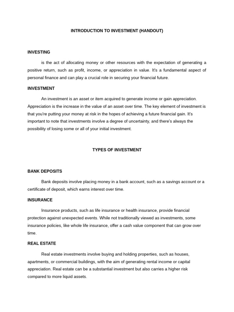 Introduction To Investment Handout 1 023918 Pdf Investing