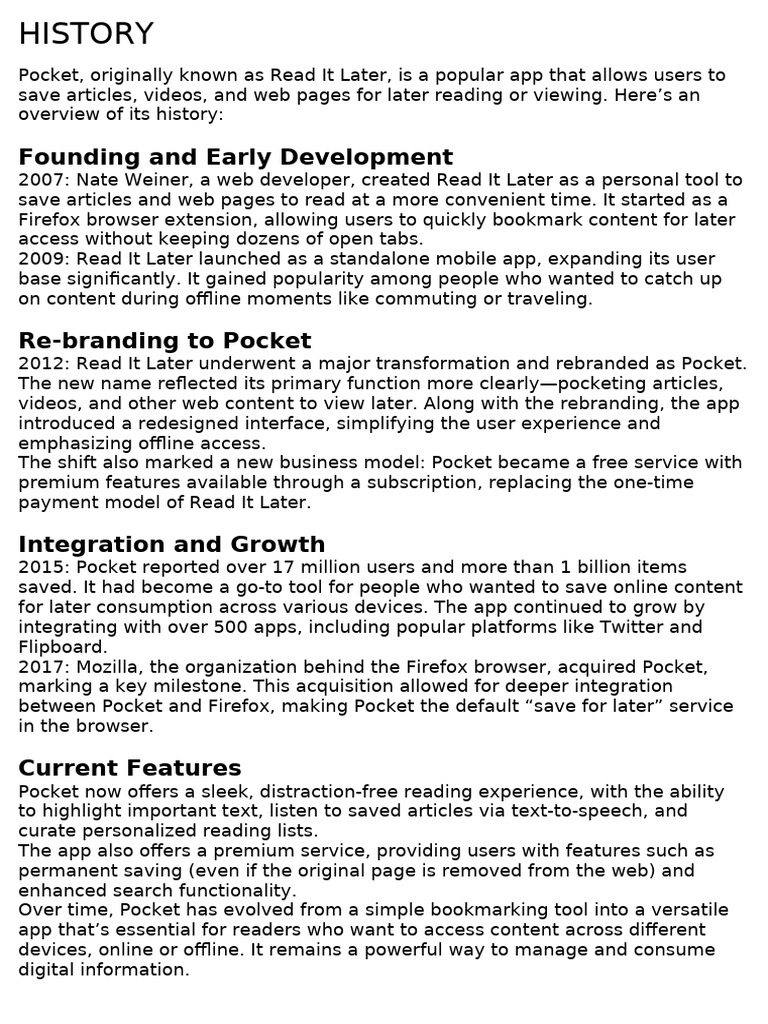 Pocket App: History and Features | PDF | Mobile App | World Wide Web