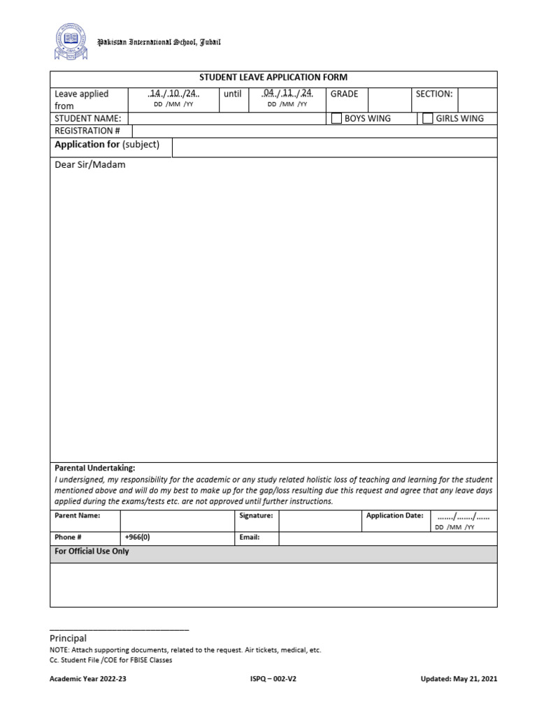 Student Leave Application Form - PIS Jubail | PDF