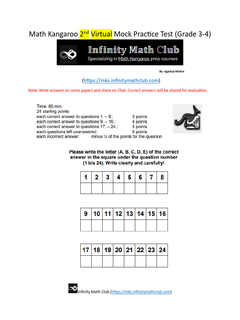 Math Kangaroo Mock Test for Grades 3-4 | PDF