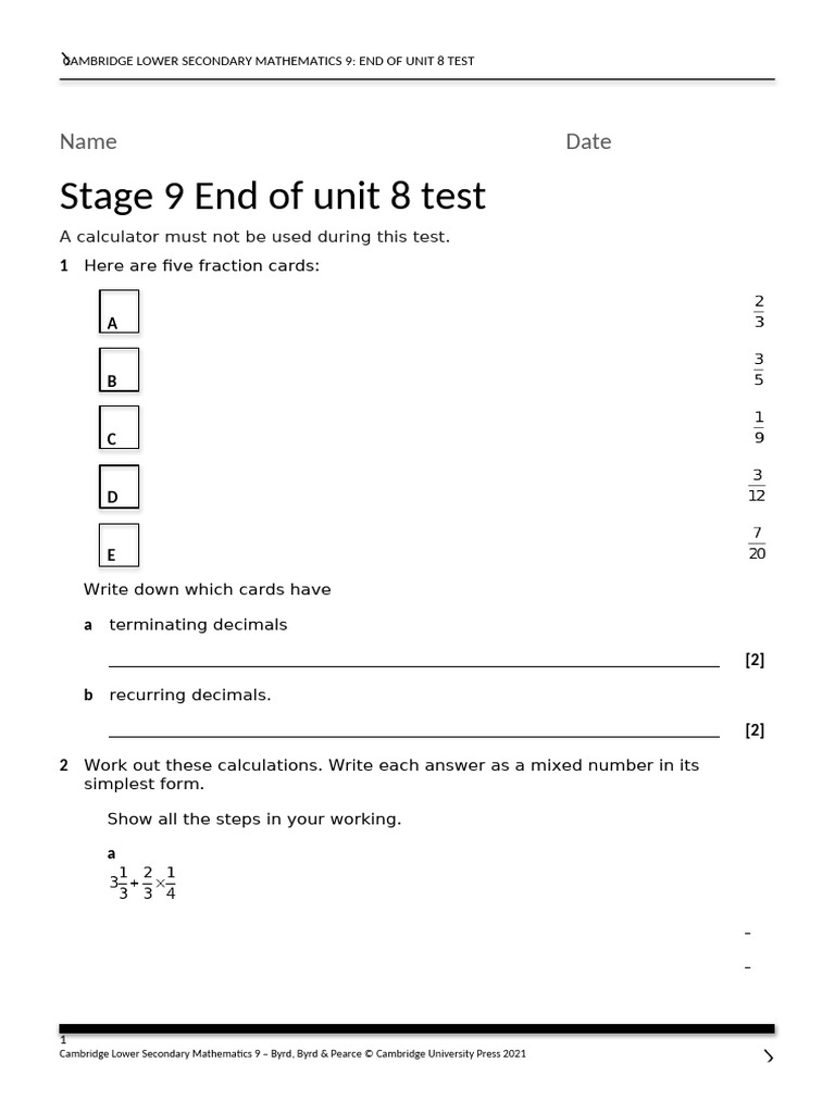 Cambridge Math 9 Unit 8 Test | PDF | Multiplication | Numbers