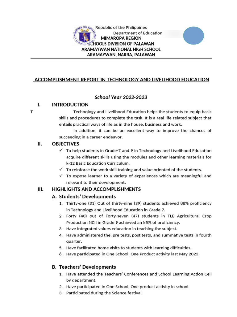 TLE Accomplishment Report 2022-2023 | PDF | Teachers | Cognition