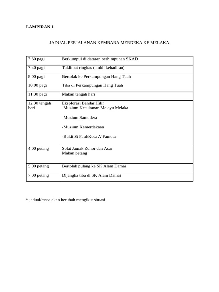 Jadual Perjalanan Kembara Merdeka Ke Melaka | PDF