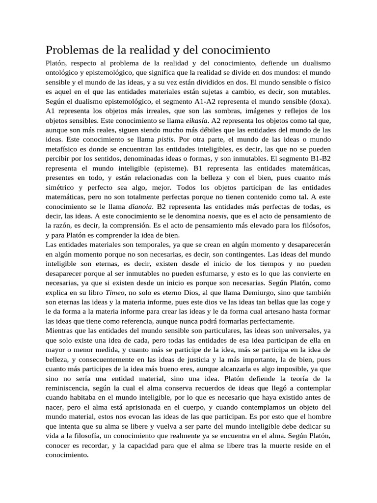 Problemas de La Realidad y El Conocimiento | PDF | Platón | Conocimiento