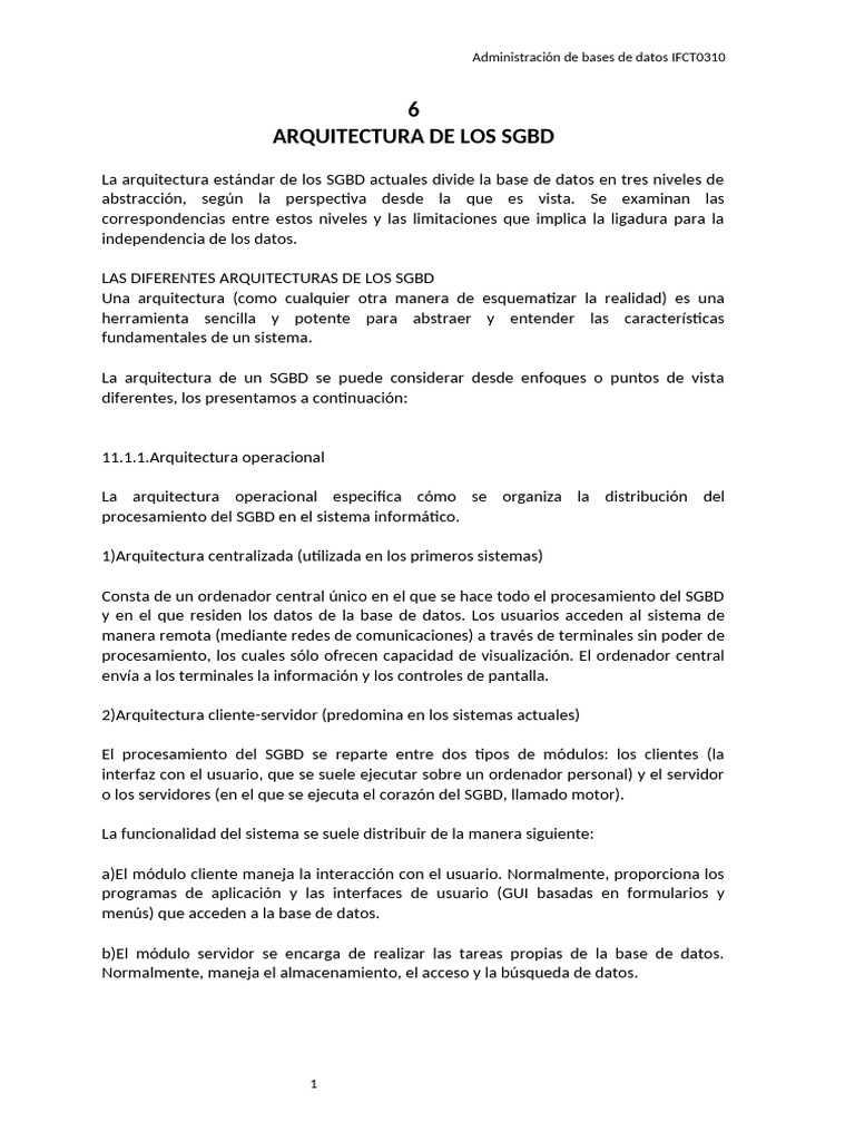Arquitectura de SGBD: Niveles y Tipos | PDF | Bases de datos | Programación