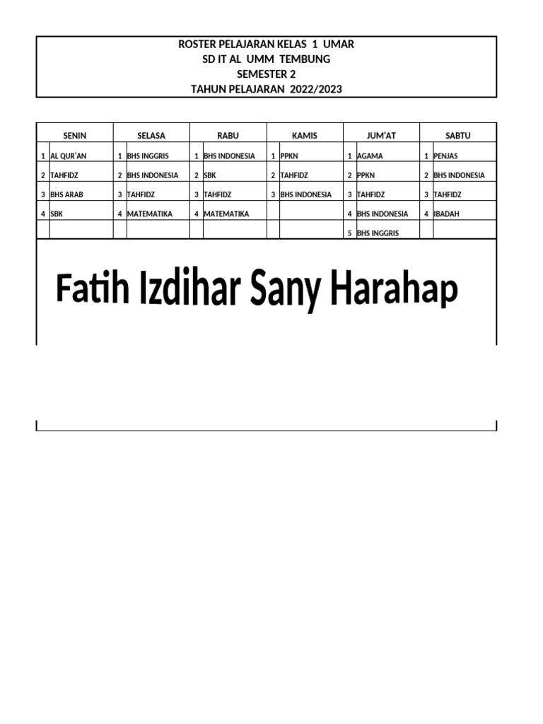 Roster Pelajaran Kelas 1 SD IT Al Umm | PDF