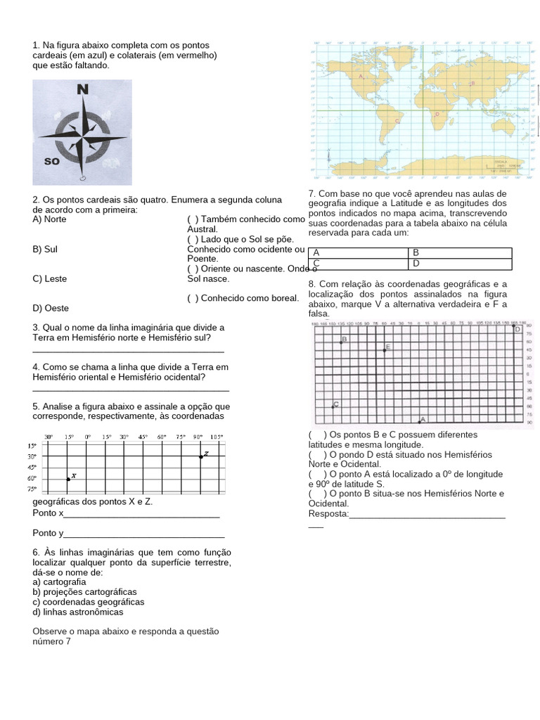 Atividades coordenadas geográficas 6º ano | PDF | Geografia | Navegação