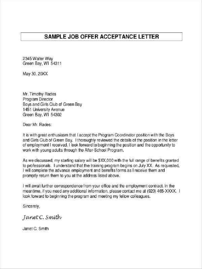 Job Offer Acceptance Letter Example PDF