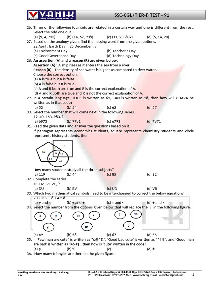 SSC-CGL Tier-I Test 91 Practice Questions | PDF | Matrix (Mathematics)