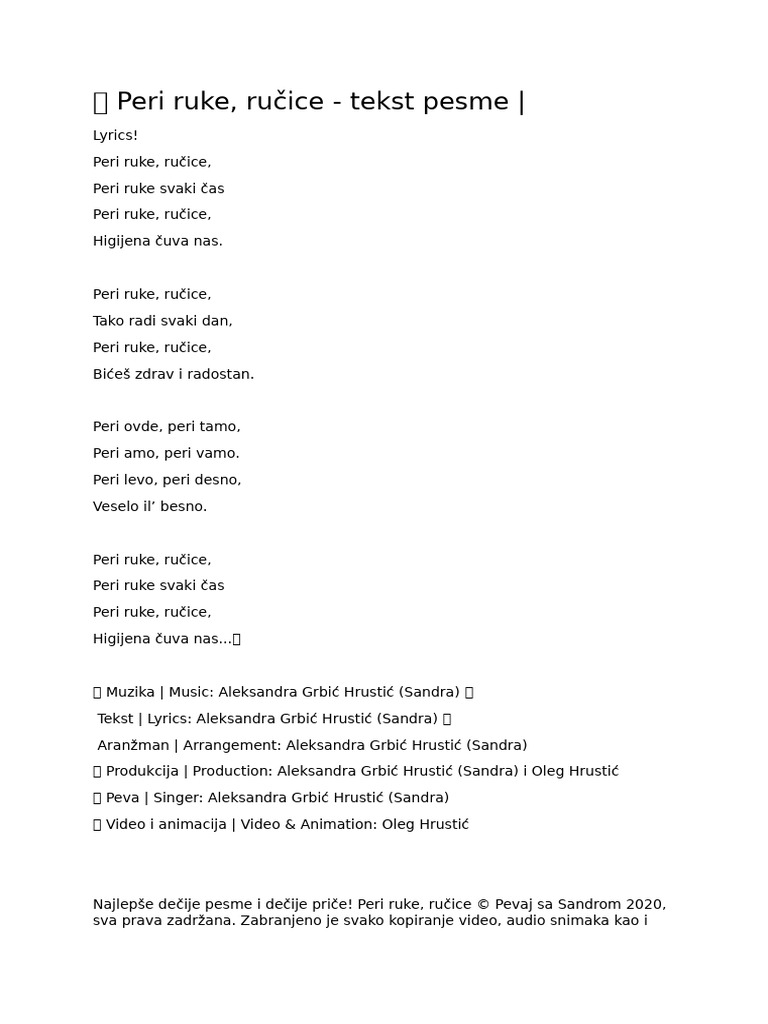 Peri Ruke Ručice Lyrics | PDF