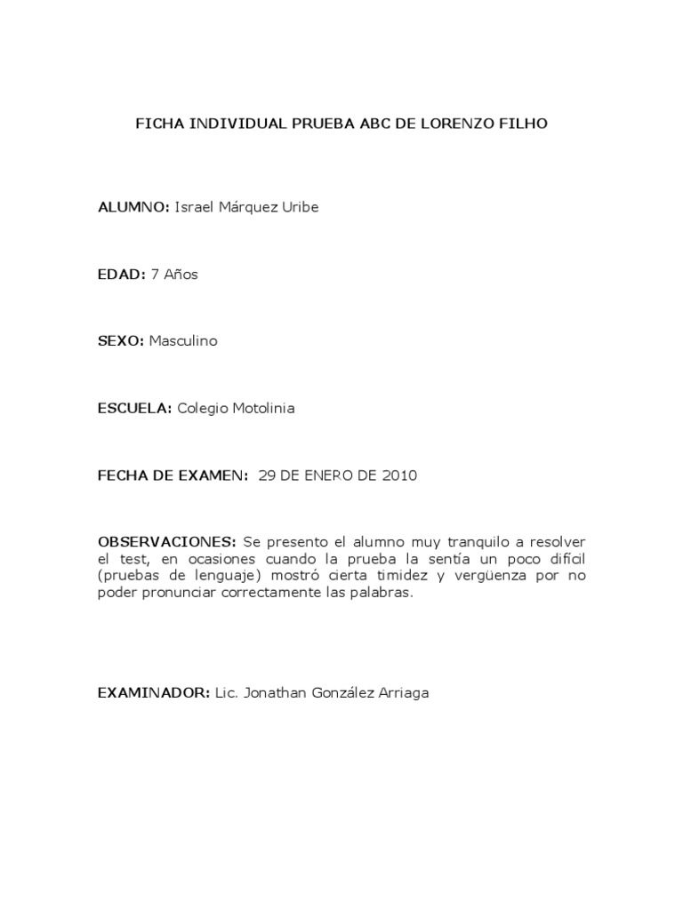 Ficha Individual Prueba ABC de Lorenzo Filho | PDF
