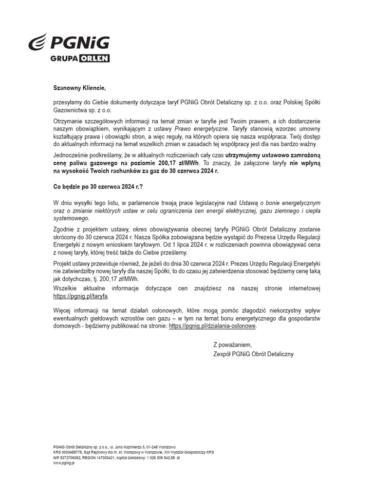 Pismo Wyjaśniające - Taryfa 13 PGNiG | PDF