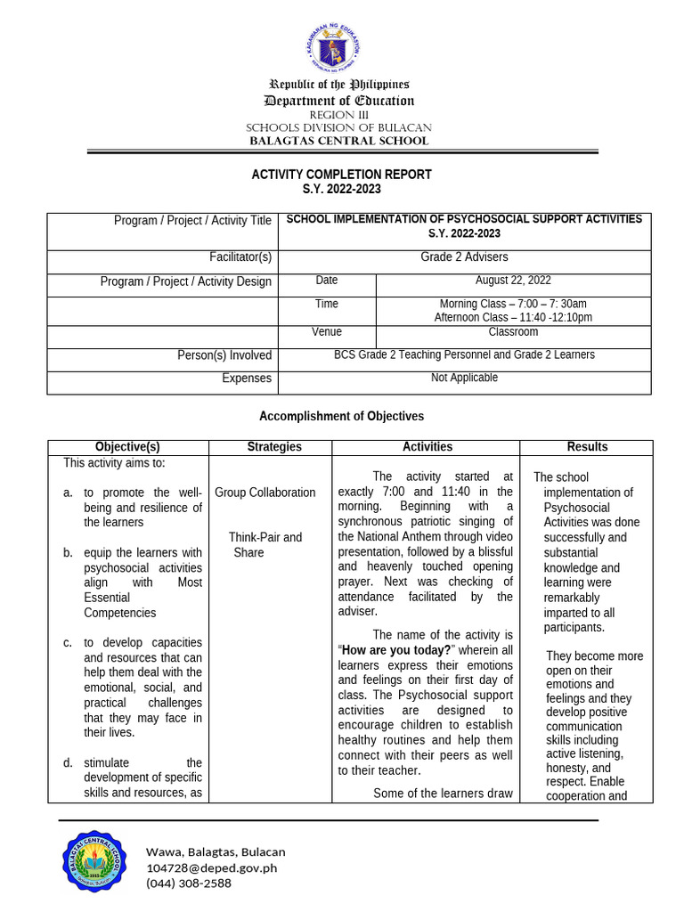 Acr - Aug.22,2022-School Implementation of Psychosocial-Activities ...