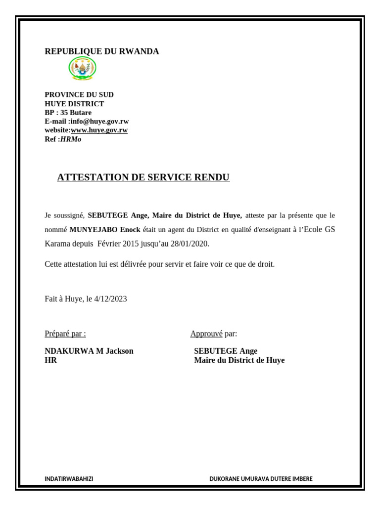 Attestation de Service Rendu Huye | PDF